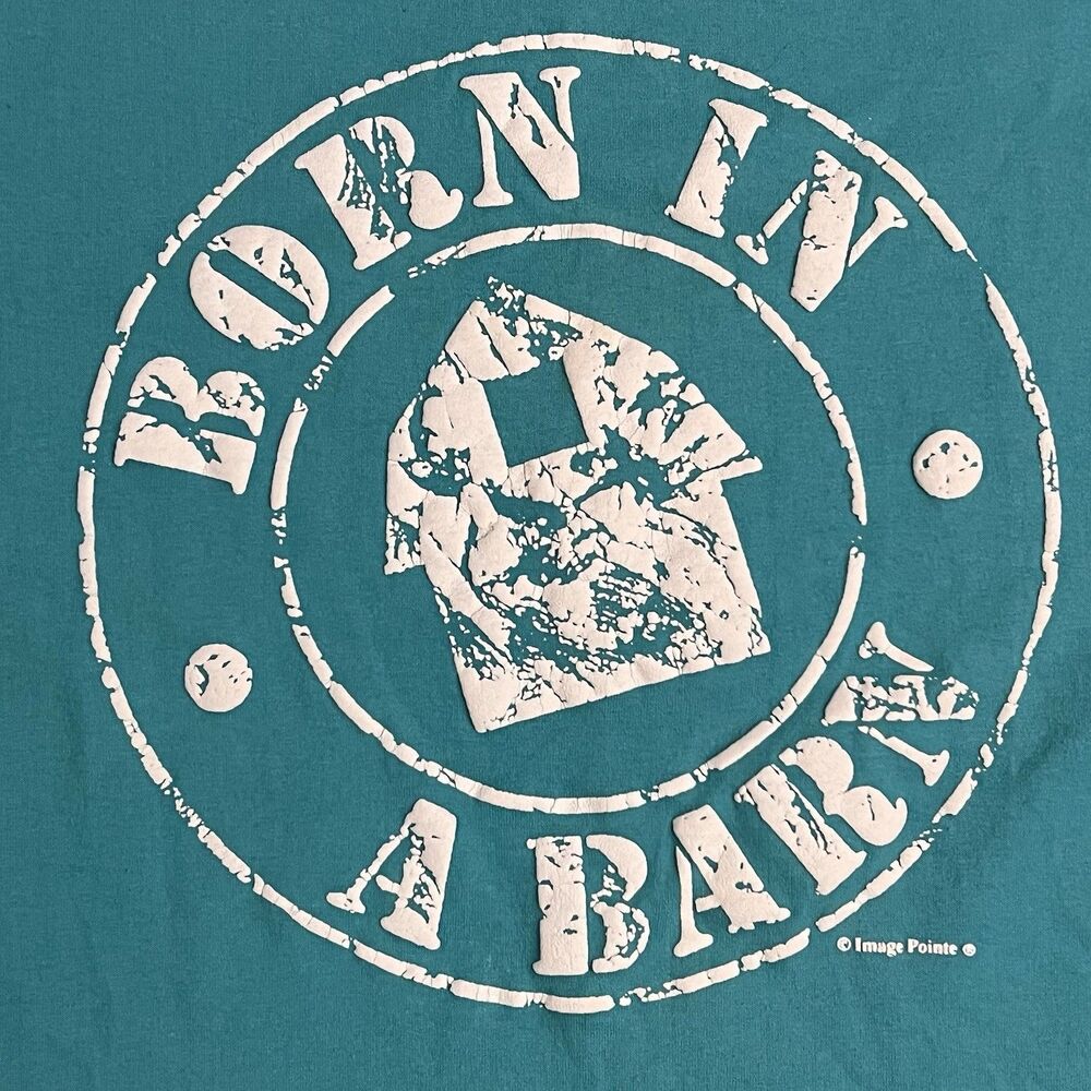 Vintage Hanes Single Stitch T Shirt Men Sz XL Made In USA Funny Born In A Barn - Picture 9 of 9
